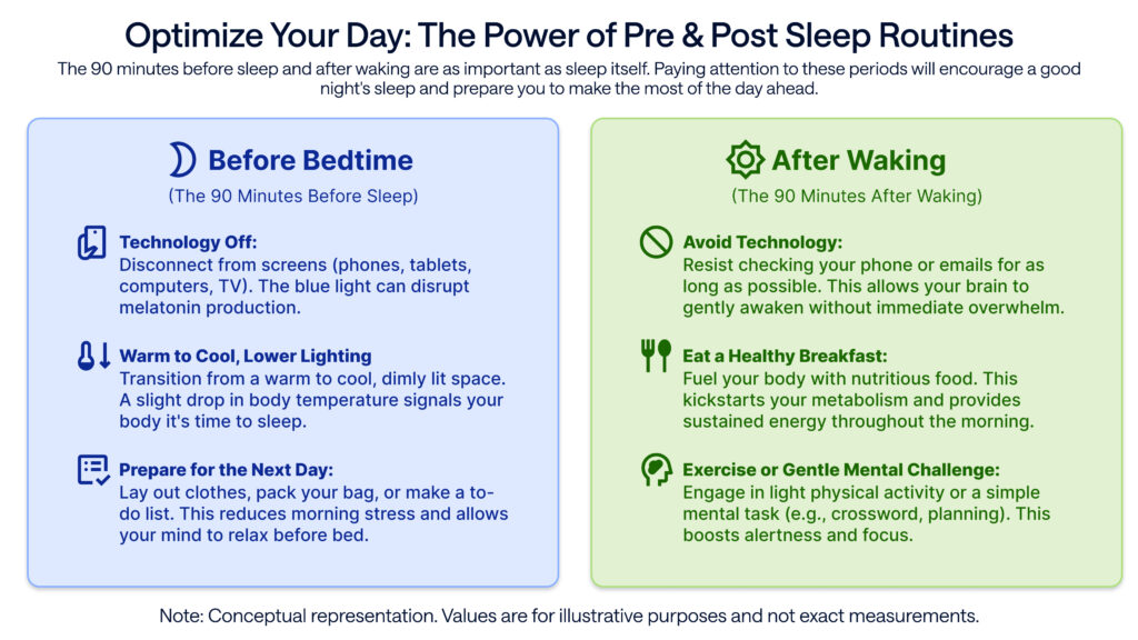 This image is a two-column infographic titled "Optimize Your Day: The Power of Pre & Post Sleep Routines." Below the title is an introductory paragraph: "The 90 minutes before sleep and after waking are as important as sleep itself. Paying attention to these periods will encourage a good night's sleep and prepare you to make the most of the day ahead."The infographic is then divided into two main sections, "Before Bedtime (The 90 Minutes Before Sleep)" to the left and "After Waking (The 90 Minutes After Waking)" to the right. The bullet points below "Before Bedtime (The 90 Minutes Before Sleep)" read:- "Technology Off: Disconnect from screens (phones, tablets, computers, TV). The blue light can disrupt melatonin production."- "Warm to Cool, Lower Lighting: Transition from a warm to cool, dimly lit space. A slight drop in body temperature signals your body it's time to sleep."- "Prepare for the Next Day: Lay out clothes, pack your bag, or make a to-do list. This reduces morning stress and allows your mind to relax before bed."The bullet points below "After Waking (The 90 Minutes After Waking)" read:- "Avoid Technology: Resist checking your phone or emails for as long as possible. This allows your brain to gently awaken without immediate overwhelm."- "Eat a Healthy Breakfast: Fuel your body with nutritious food. This kickstarts your metabolism and provides sustained energy throughout the morning."- "Exercise or Gentle Mental Challenge: Engage in light physical activity or a simple mental task (e.g., crossword, planning). This boosts alertness and focus."Below the graph, there&rsquo;s a note that reads: "Note: Conceptual representation. Values are for illustrative purposes and not exact measurements."