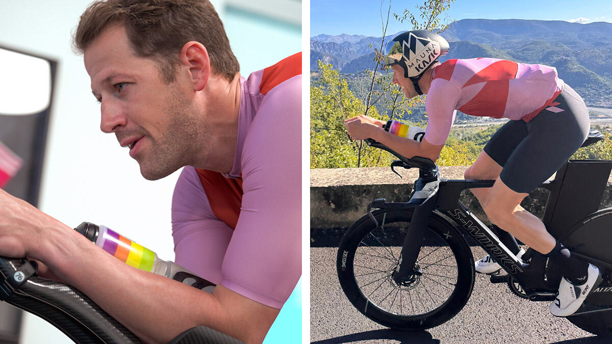 Side By Side Images Of A Male Triathlete Cyling Indoors Using Trainingpeaks Virtual Next To Him On A Bike Ride In Nice