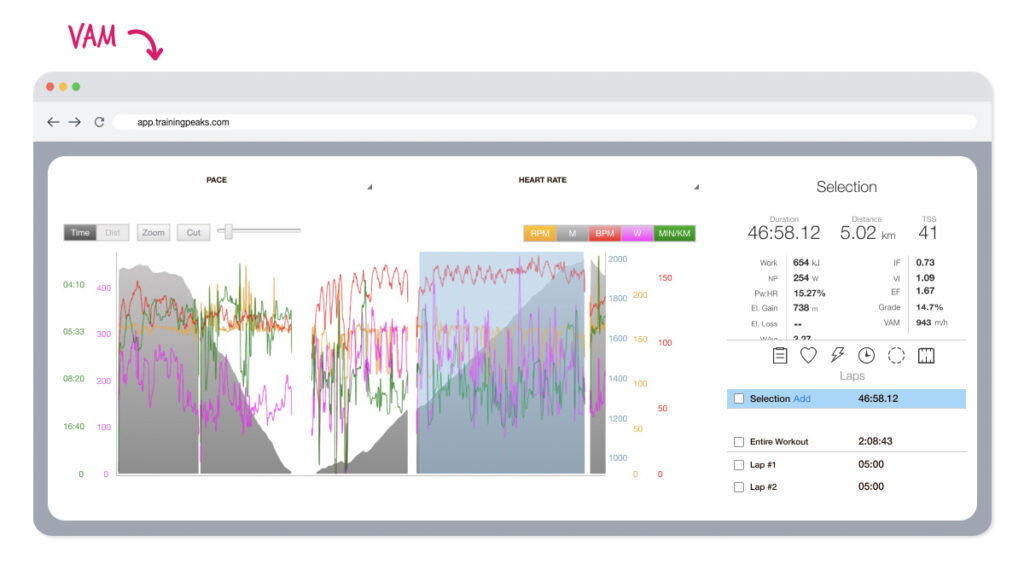 screenshot of an ultra runner's VAM in TrainingPeaks app