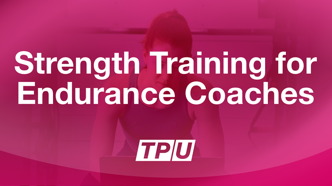 A Female Athlete Looks At Her Computer In The Gym. Overlaid On The Image Is A Red Color And The Words Strength Training For Endurance Coaches And The Trainingpeaks University Logo Are Seen.