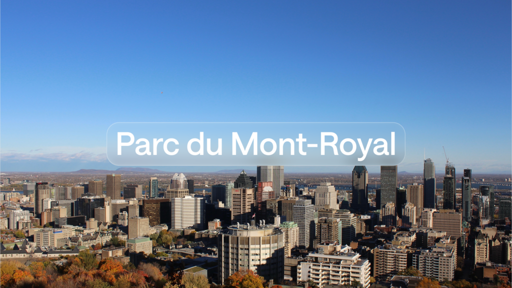 image above Mont Royal Park at the Montreal Skyline, where the Mont-Royal cycling route is, now available to ride on TrainingPeaks Virtual