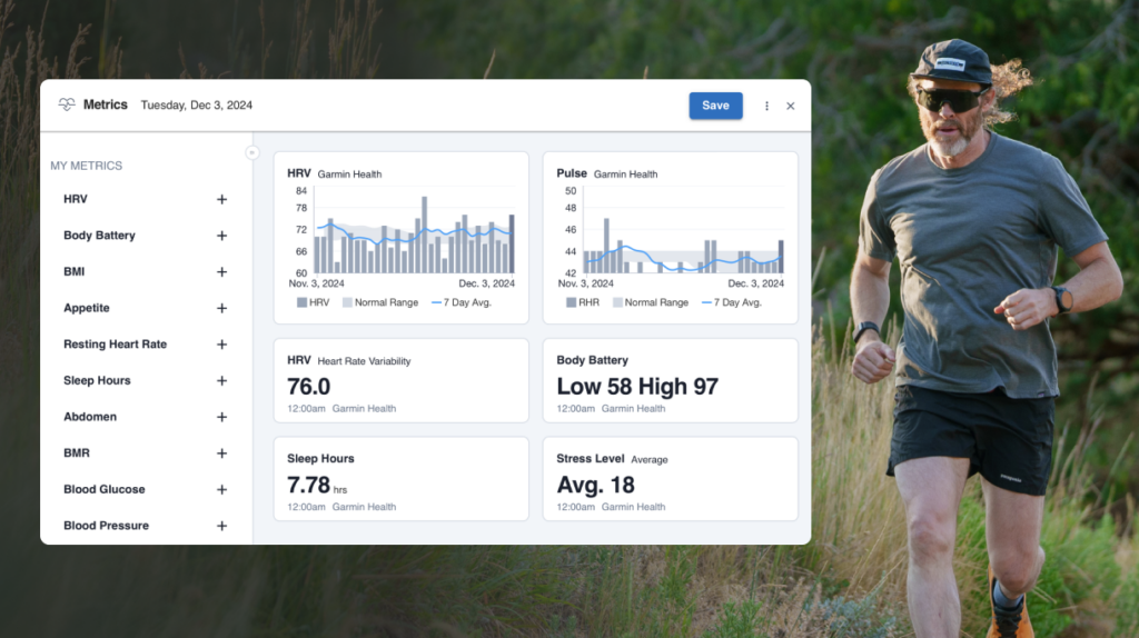 image of a male runner on an outdoor trail run with a graphic depiction of his HRV and resting heart rate trends in TrainingPeaks